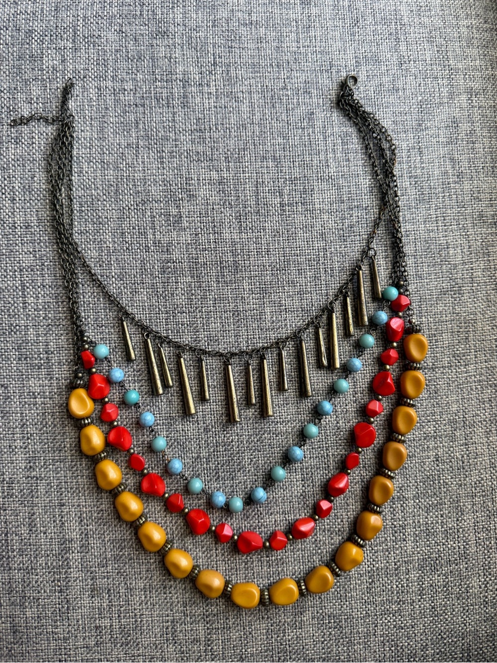 Multi-Strand Statement Necklace with Mustard, Red & Turquoise Beads